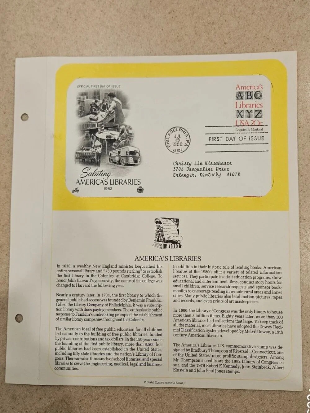 RARE COLLECTIBLE USPS 1ST DAY ISSUE COVER SALUTING AMERICAS LIBRARIES STAMP FDC